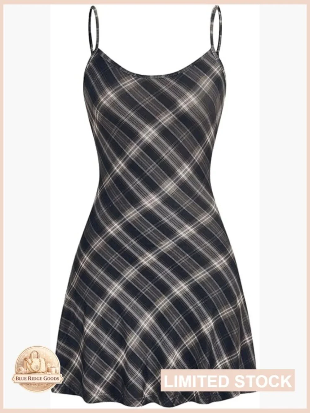 Plaid Spaghetti Strap Cami Dress Sleeveless Flared Hem Mini Y2K A-Line - Picture 1 of 5